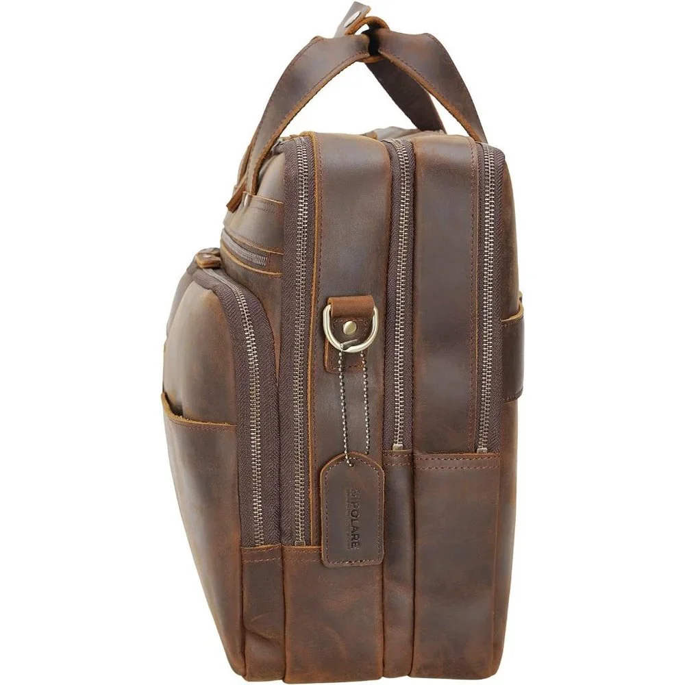 Polare Large Full Grain Leather Briefcase For Men Travel Case Messenger Bag